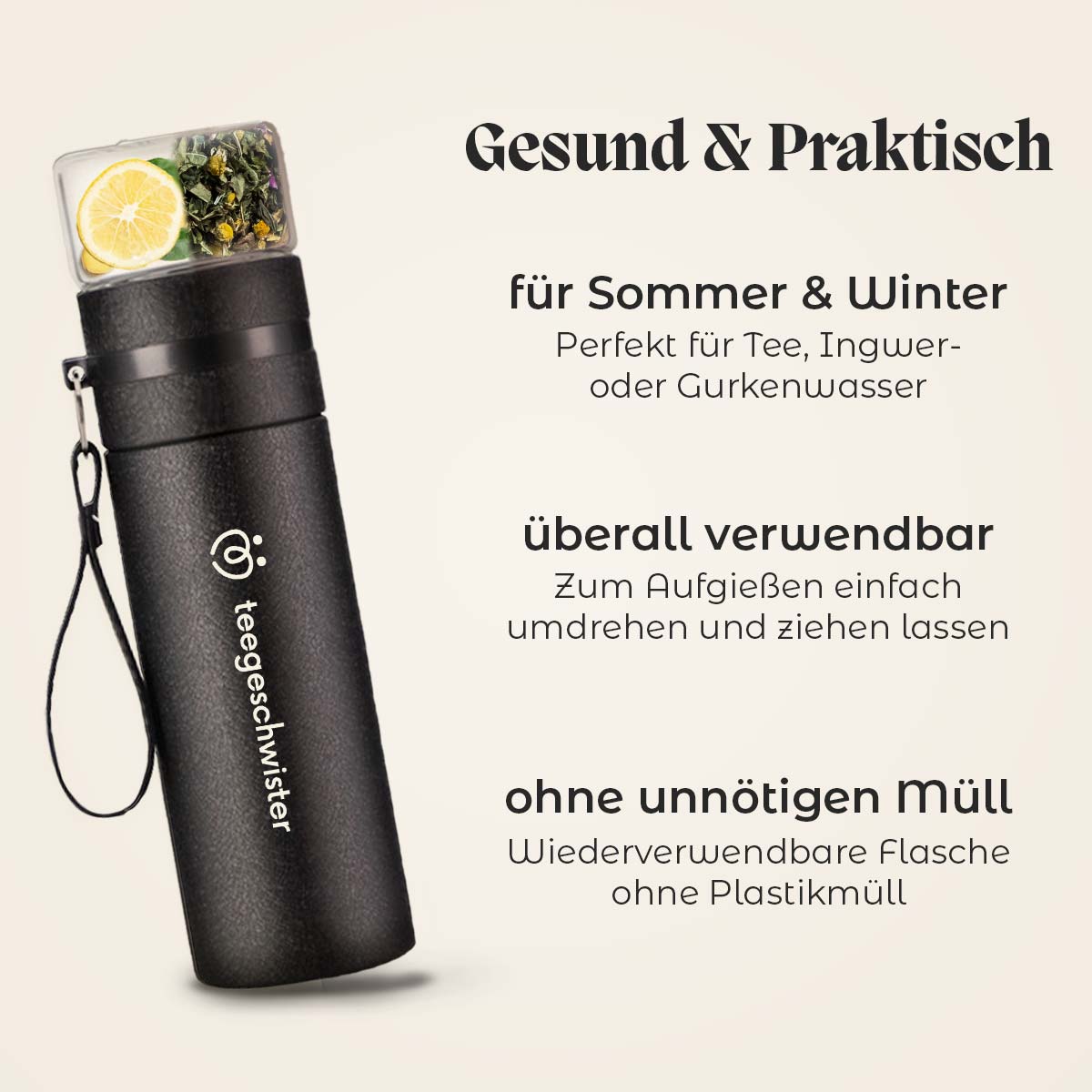 In diesem Bild werden die Vorteile und die To Go Funktion der Teeflasche mit Sieb beschrieben.