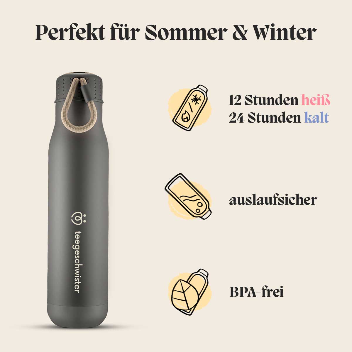 Das Bild zeigt die Vorteile der Edelstahl Thermosflasche: BPA frei, auslaufsicher, 12 Stunden heiß & 24 Stunden kalt.