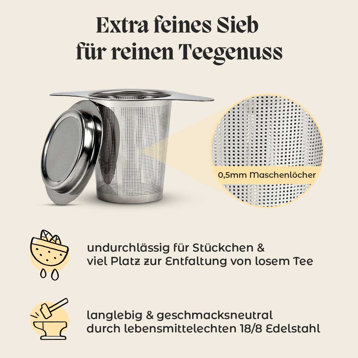 Edelstahl Teesieb mit Nahaufnahme von den feinporigen Maschenlöchern