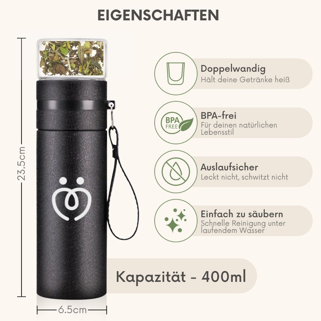 In dem Bild werden die Vorteile der Teeflasche mit Sieb mit 400 ml Füllvolumen beschrieben. BPA-Frei, auslaufsicher, Doppelwandig.