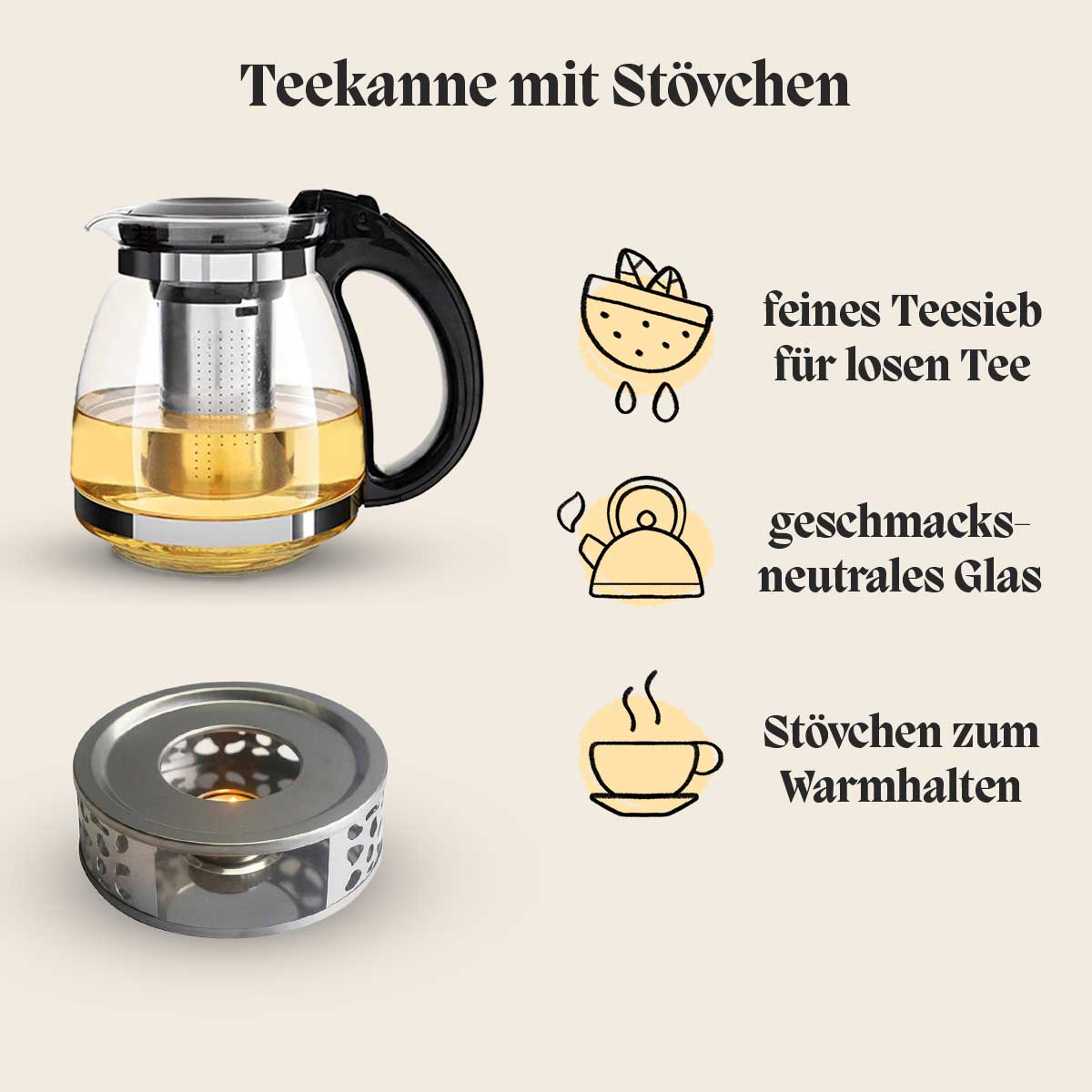 Informationsbild über die Eigenschaften der Teekanne, feines Teesieb, geschmacksneutrales Glas, Edelstahl Stövchen.
