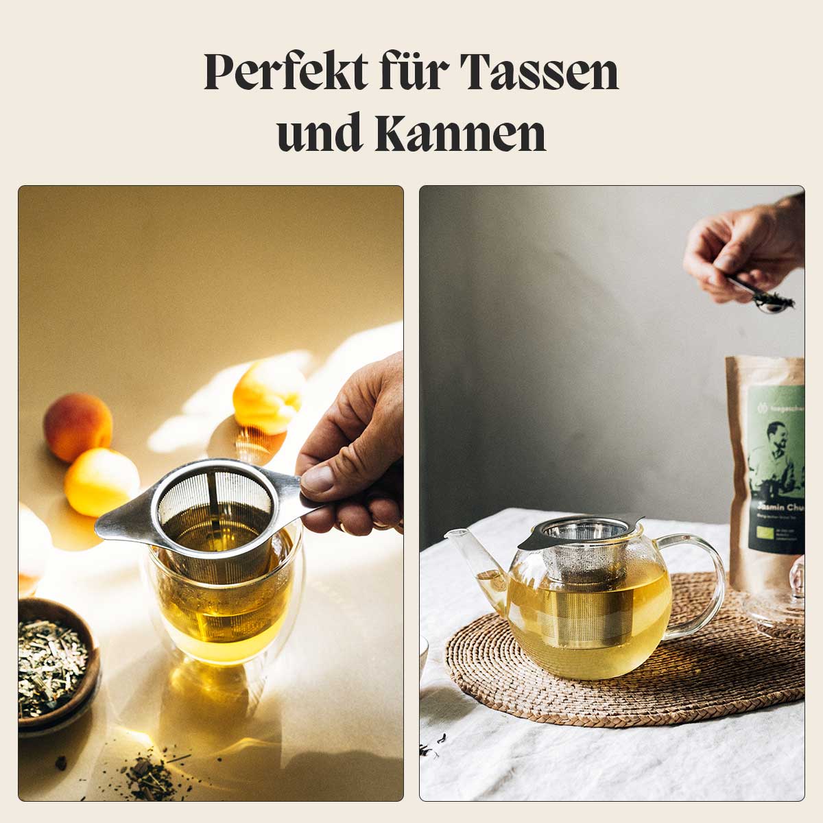 Auf diesem Bild sieht man die Verwendung des Edelstahl Teesieb für Tassen und Kannen.