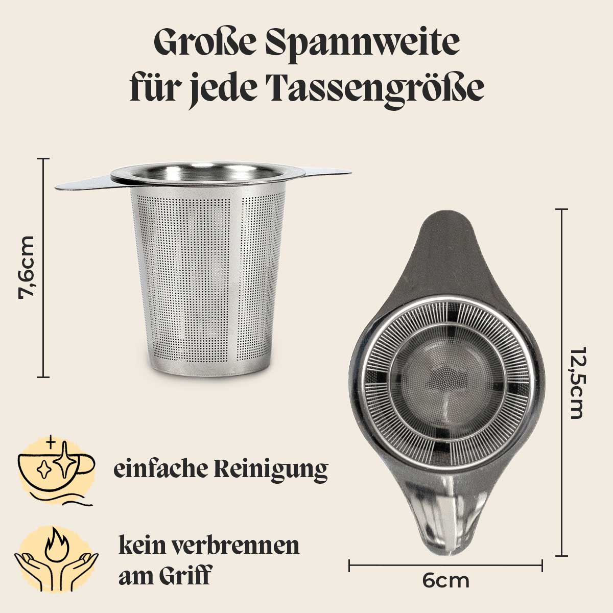 In diesem Bild wird die große Spannweite und der Durchmesser des Edelstahl Teesieb dargestellt.