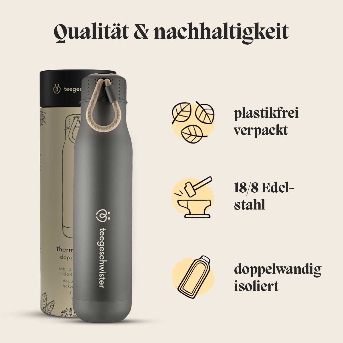 Auf dem Bild wird die Nachhaltigkeit der Edelstahl Thermosflasche und der plastikfreien Verpackung gezeigt.