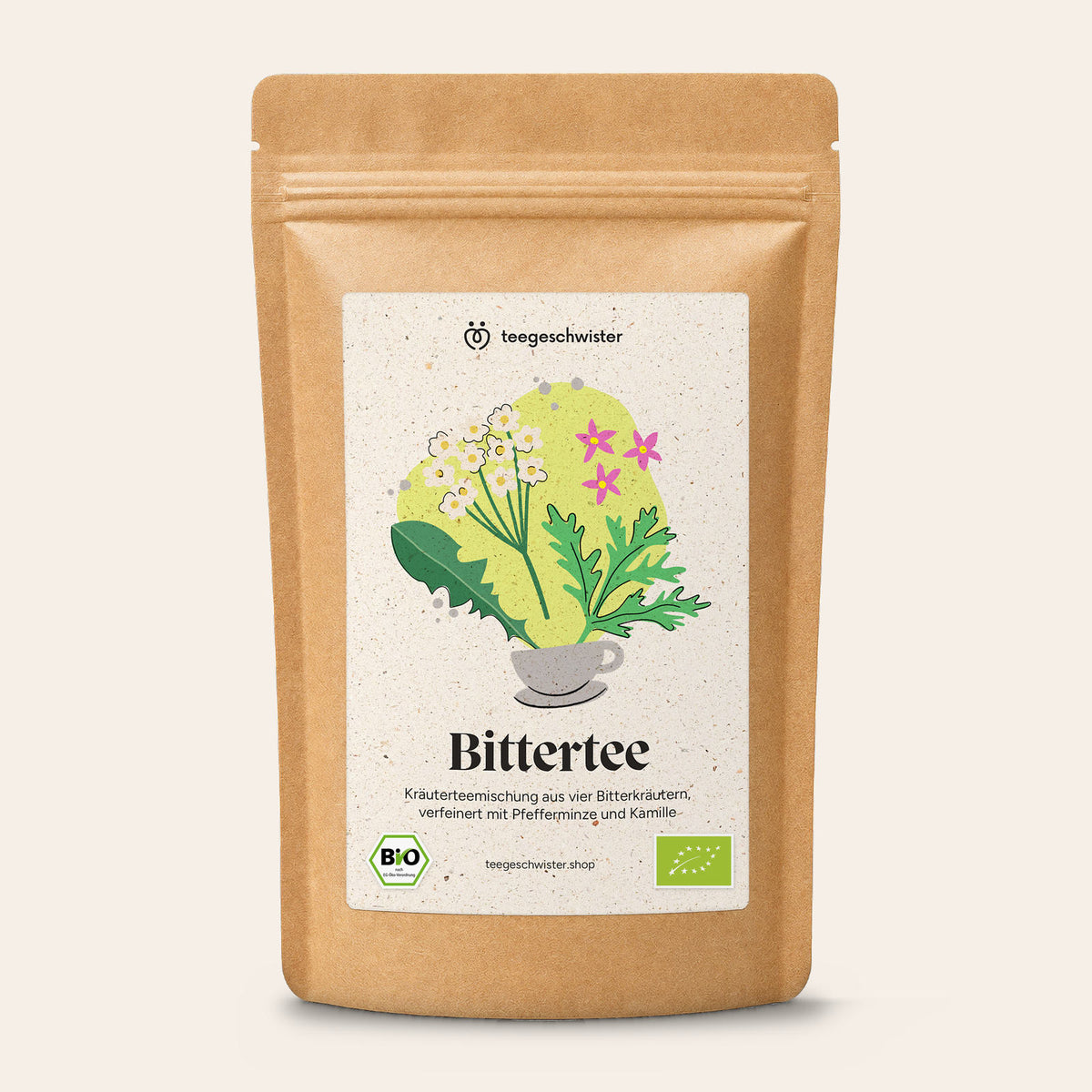 teegeschwister Bio Bittertee lose im Doypack, Kräuterteemischung aus vier Bitterkräutern.
