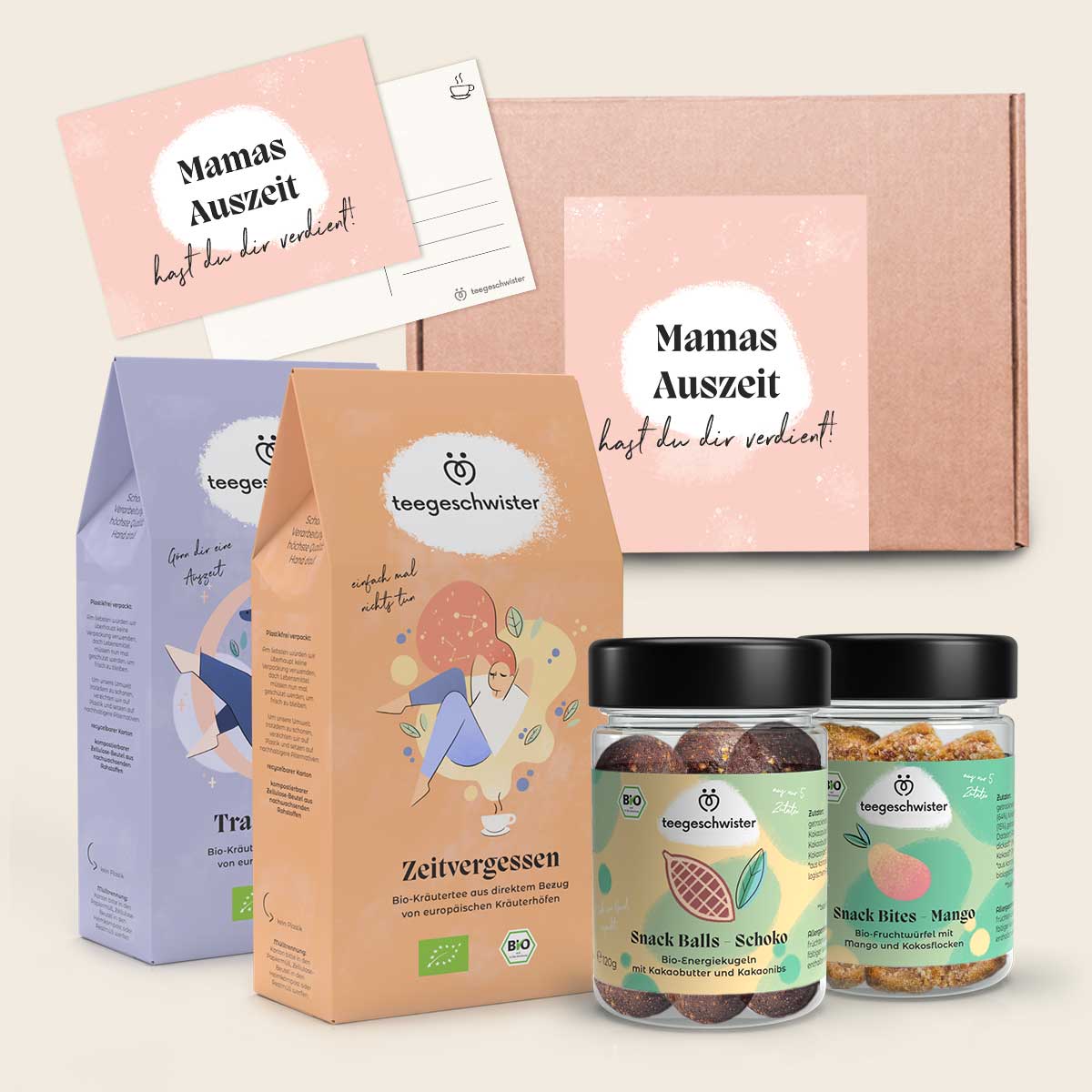 Auf diesem Bild wird die Geschenbox für Mama mit zwei Tees, zwei Snacks und einer Geschenkkarte abgebildet.