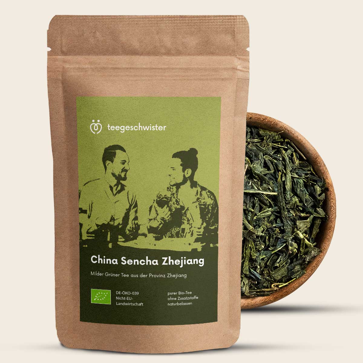Auf diesem Bild sieht man die Verpackung unseres China Sencha grüner Tee.