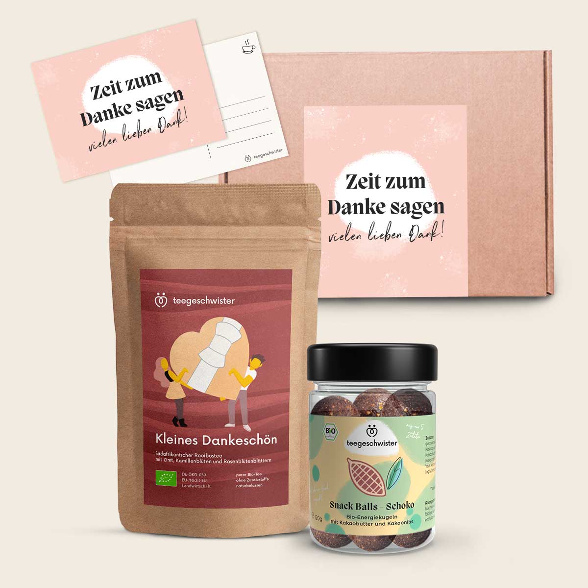 Dankeschön Geschenk Box mit Geschenkkarte, Bio Tee und veganen Energy Balls