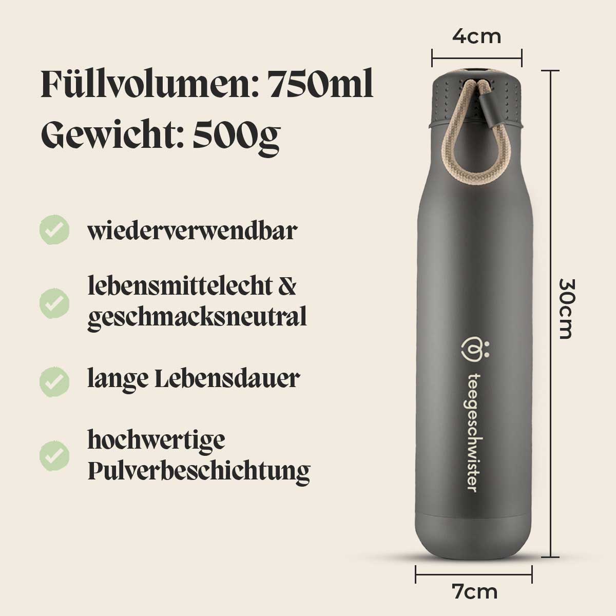 Diese Bild Zeigt die Maße und Eigenschaften der Edelstahl Thermosflasche. Das Füllvolumen beträgt 750 ml.